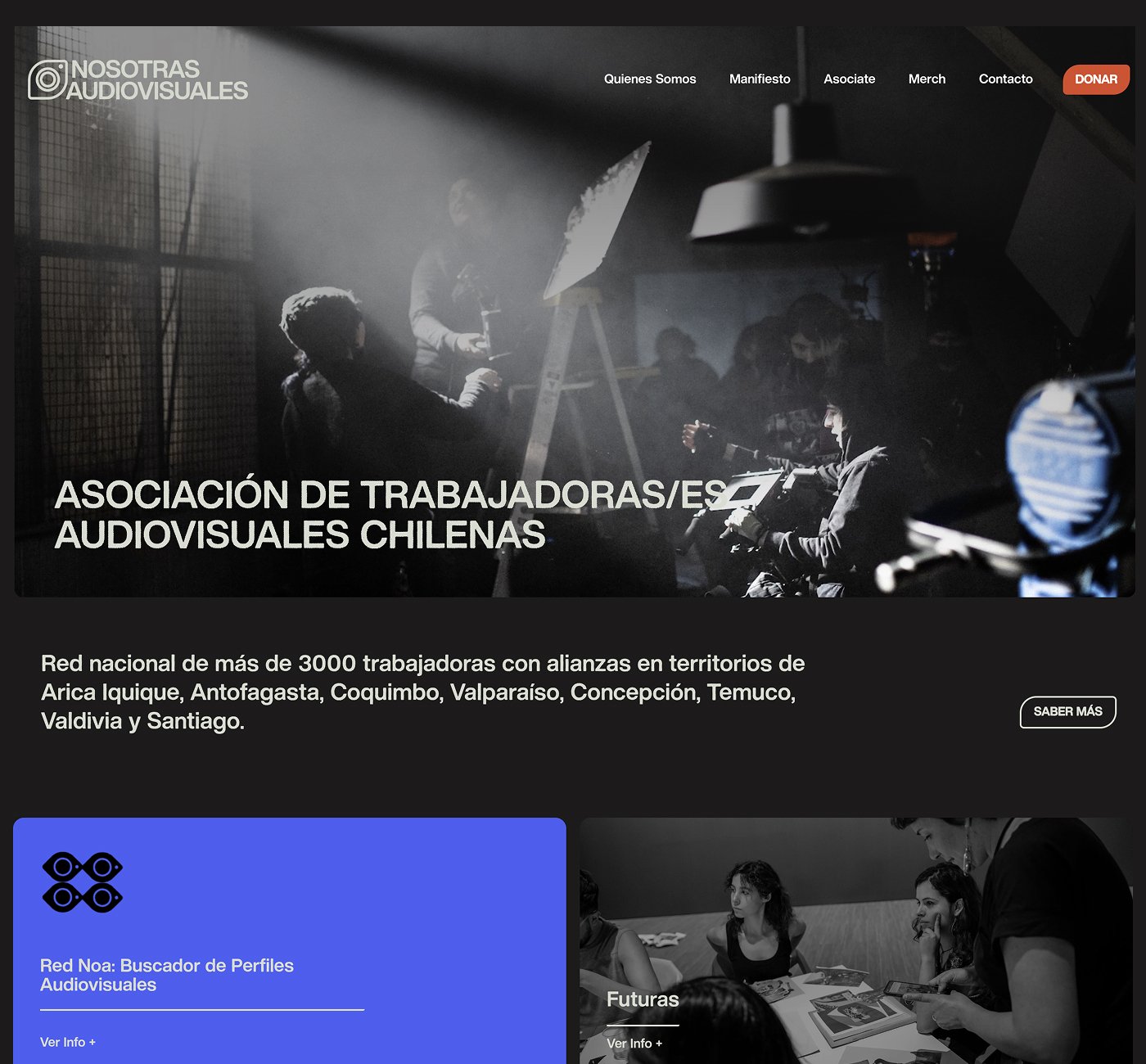 Nosotras Audiovisuales homepage — black and white photography with vivid color blocks